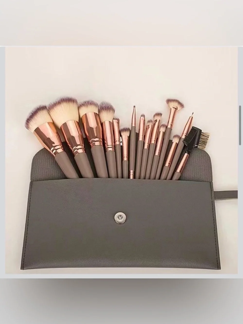 NWT~15pc Professional Makeup Full Face Brush & Case Set~Gray & Champagne Color